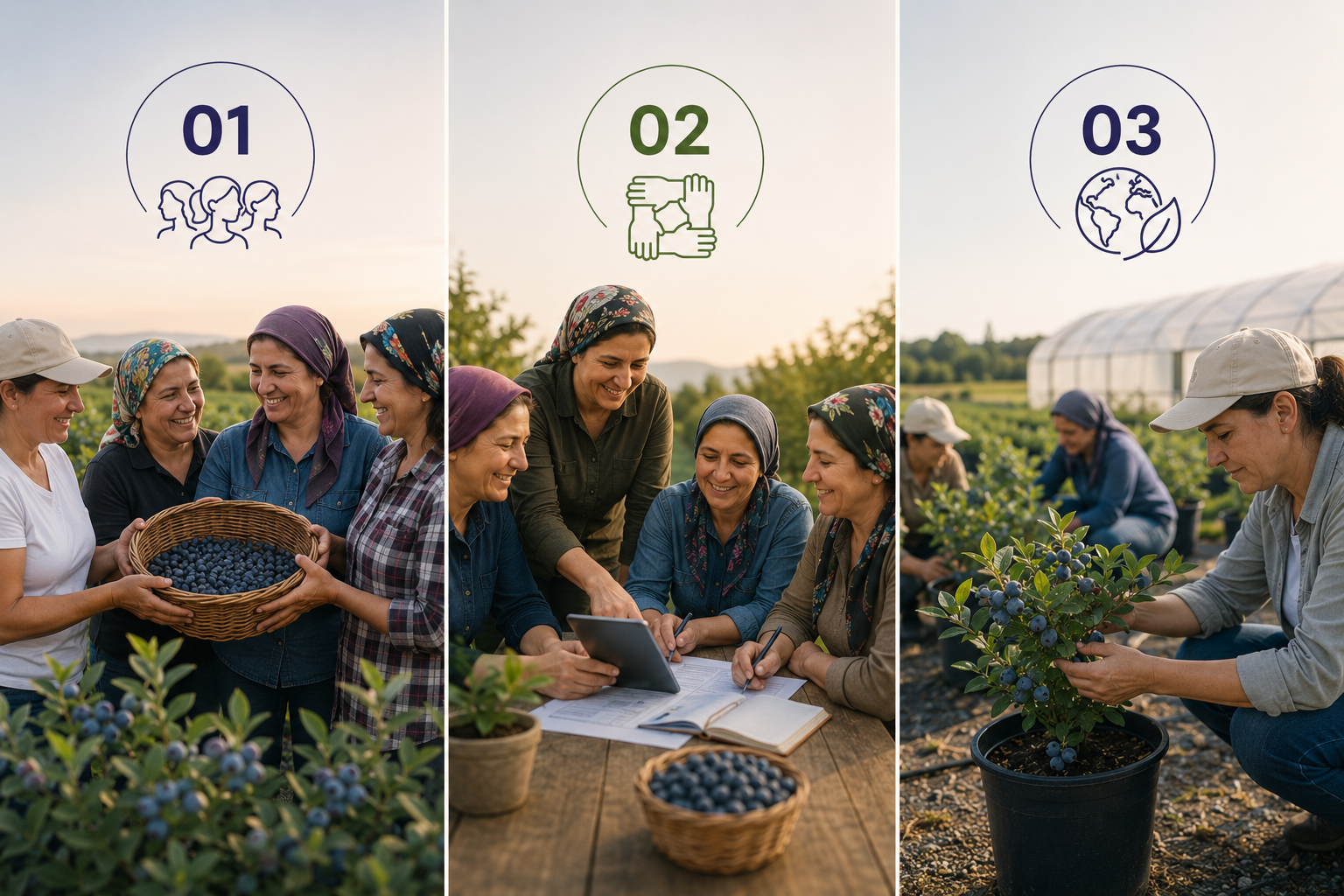 Blueberry Ladies değerlerini temsil eden üç bölümlü görsel: kadın gücü, dayanışma ve sürdürülebilirlik